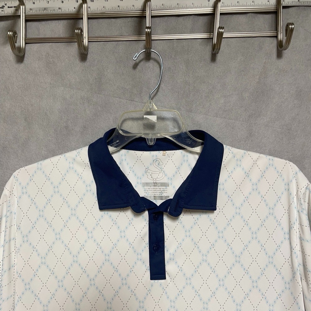 Swannies Polo Shirt Men L White Performance Golf AOP‎ Geometric Contrast Active